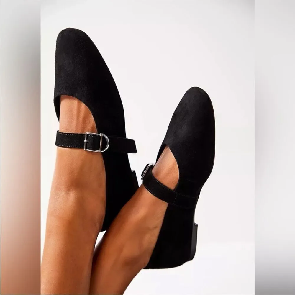 Free People Vagabond Jolin Black Suede Mary Janes Flats Round Toe W Buckle US 10